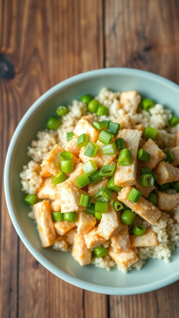 A colorful bowl of quinoa with chicken and edamame, garnished with green onions and sesame seeds.